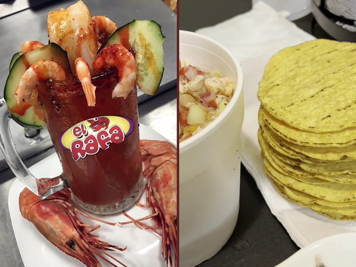 Seafood plates on a restaurant table.