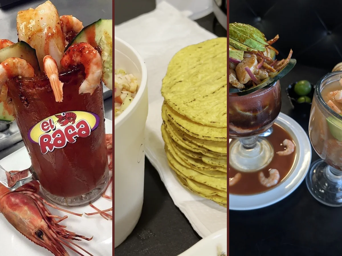 Aguachiles and tostadas on colorful plates.